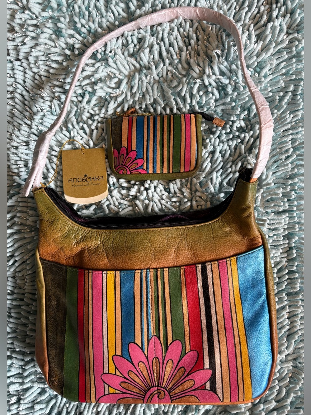 🌸 Awesome Anuschka Hand-painted Stripes and Flower Leather Bag 🌺